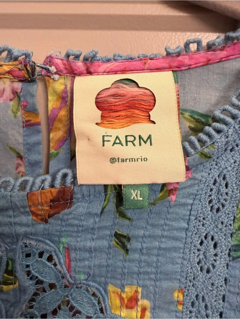 FARM Rio Blue Floral Lace-Trim Puff Sleeve Blouse